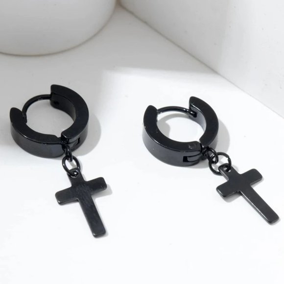 Stainless Steel Cross Drop Dangle Hoop Earrings Black Men Women NWT - Picture 2 of 4